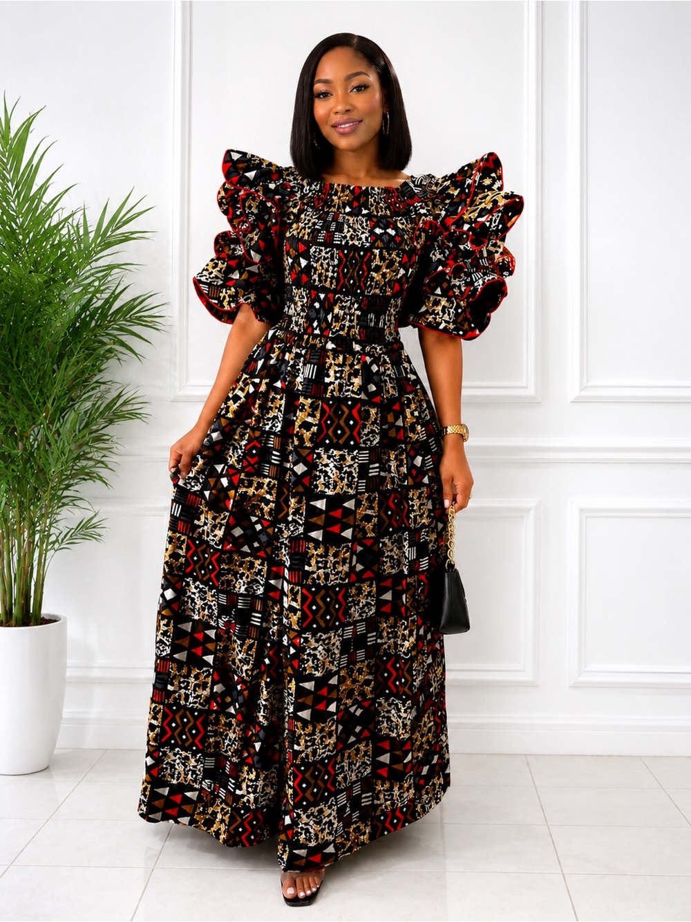 Black Multi Puff-Sleeve Smocked Maxi Dress